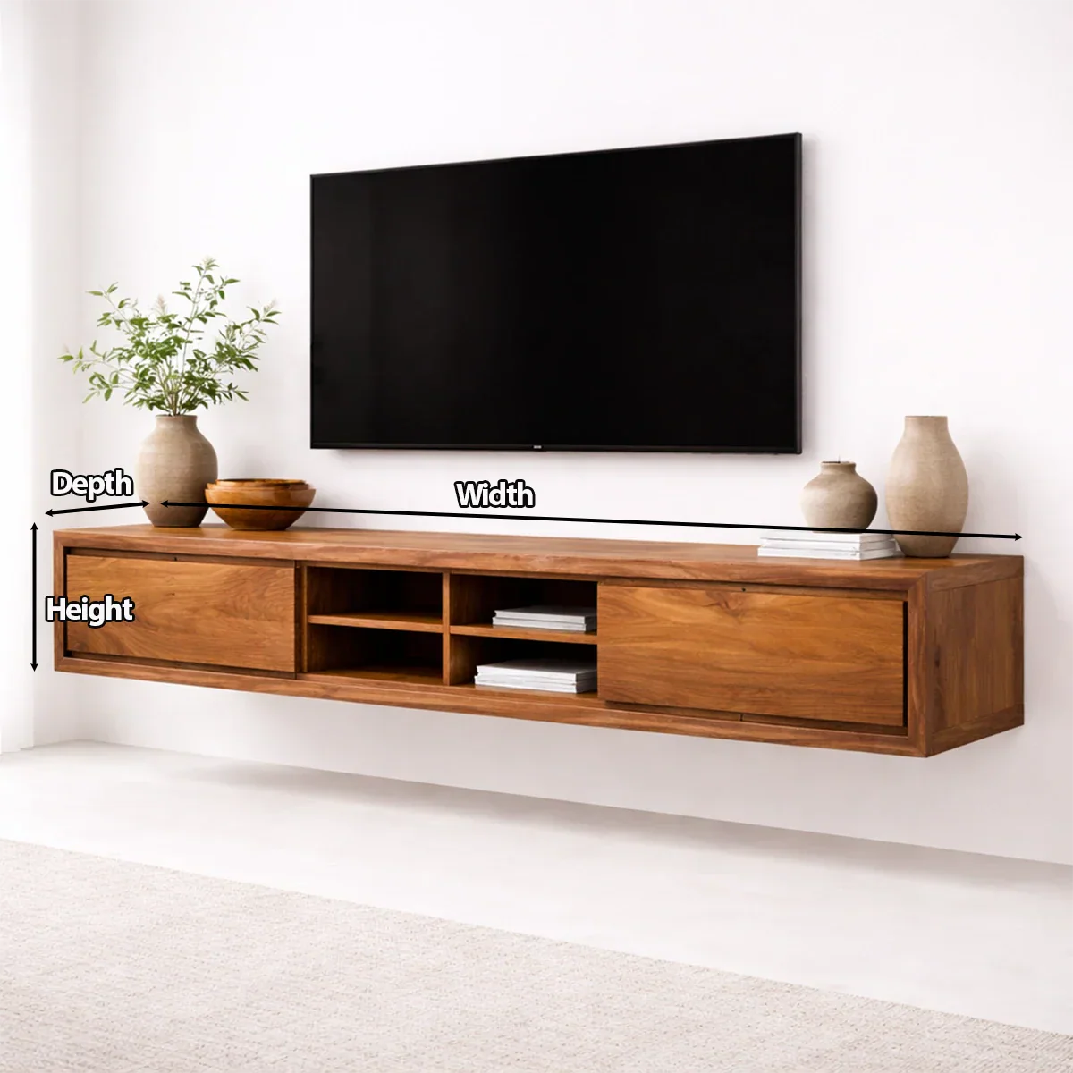 Floating Solid Wood TV Stand with Open Shelving Minimalist Media Console - Rustiracraft 