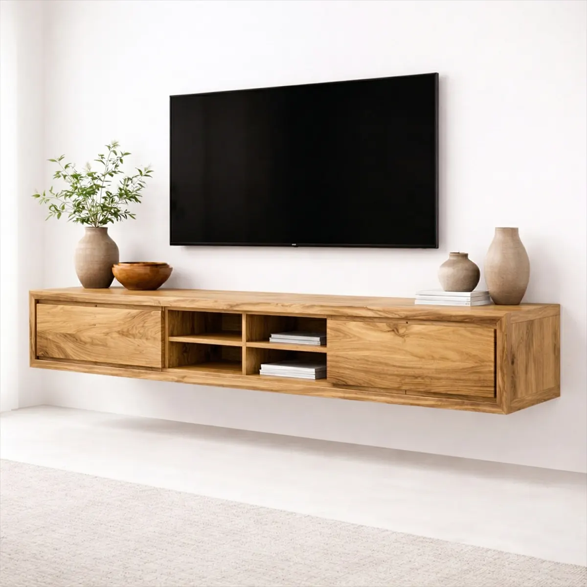 Floating Solid Wood TV Stand with Open Shelving Minimalist Media Console - Rustiracraft 
