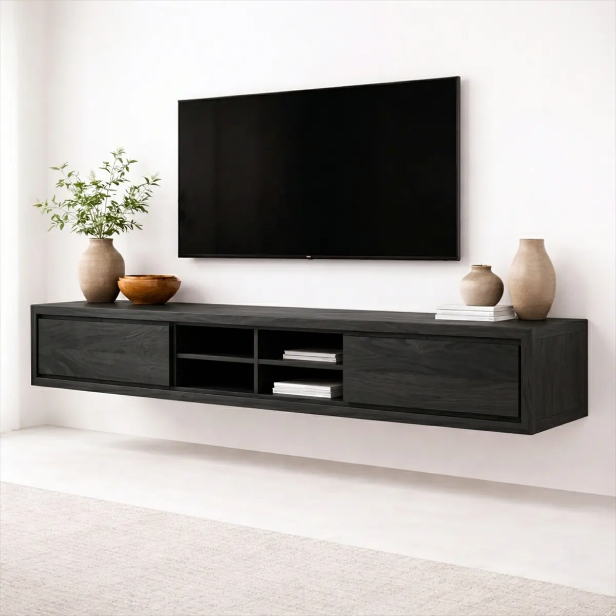 Floating Solid Wood TV Stand with Open Shelving Minimalist Media Console - Rustiracraft 