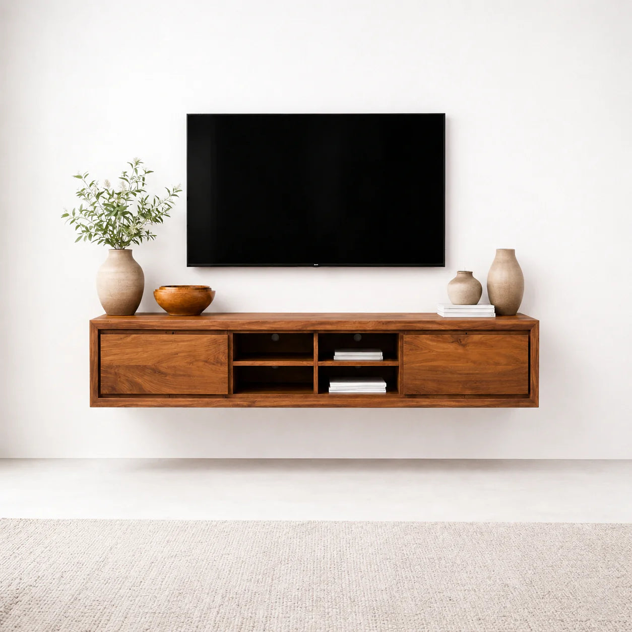 Floating Solid Wood TV Stand with Open Shelving Minimalist Media Console - Rustiracraft