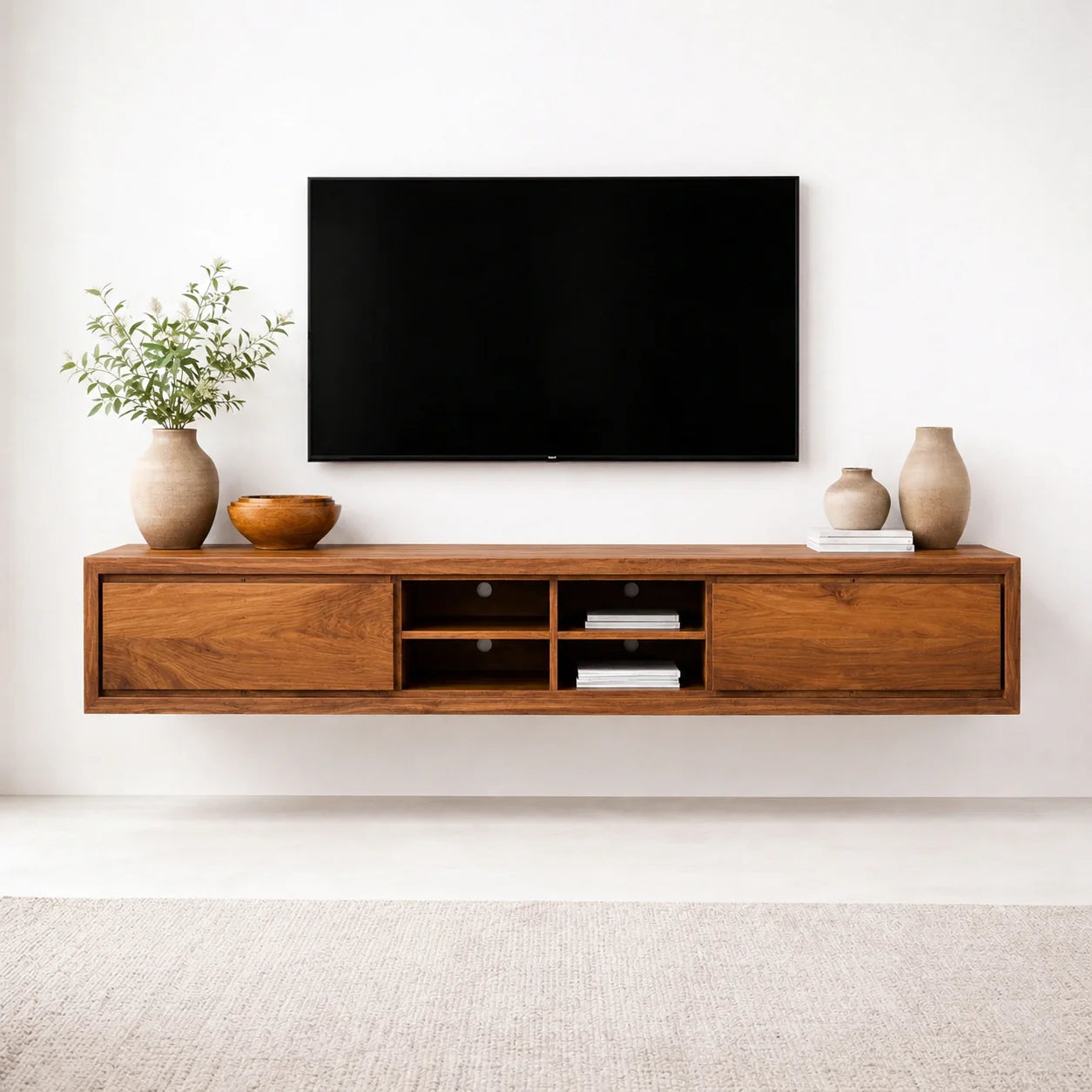 Floating Solid Wood TV Stand with Open Shelving Minimalist Media Console - Rustiracraft