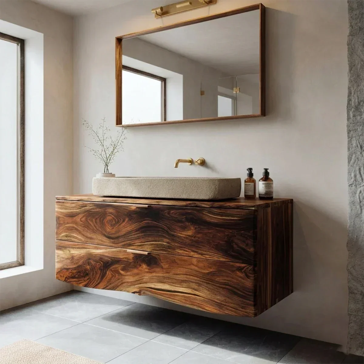 Floating Traditional Bathroom Vanity Cabinet in Natural Solid Wood - Rustiracraft 
