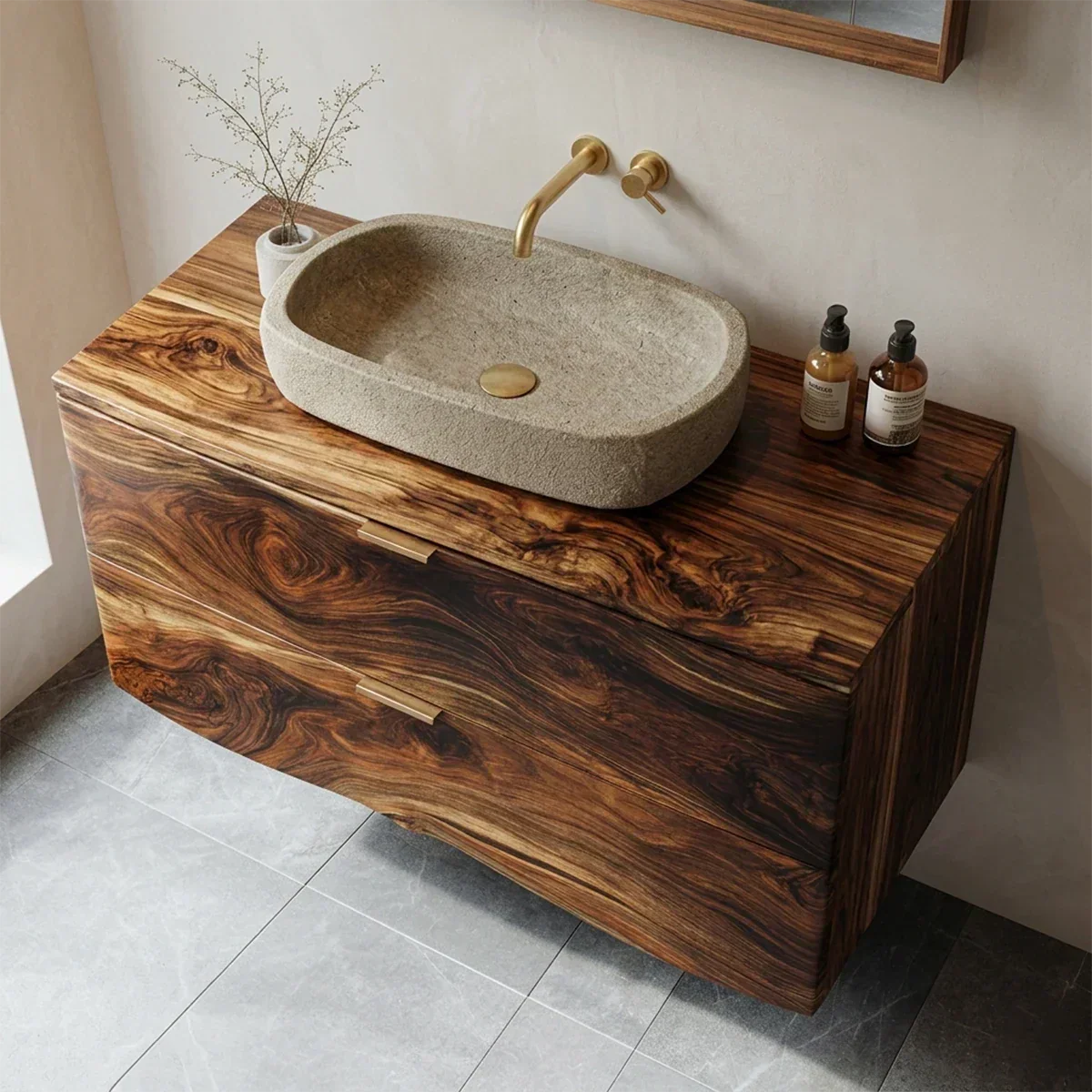 Floating Traditional Bathroom Vanity Cabinet in Natural Solid Wood - Rustiracraft 