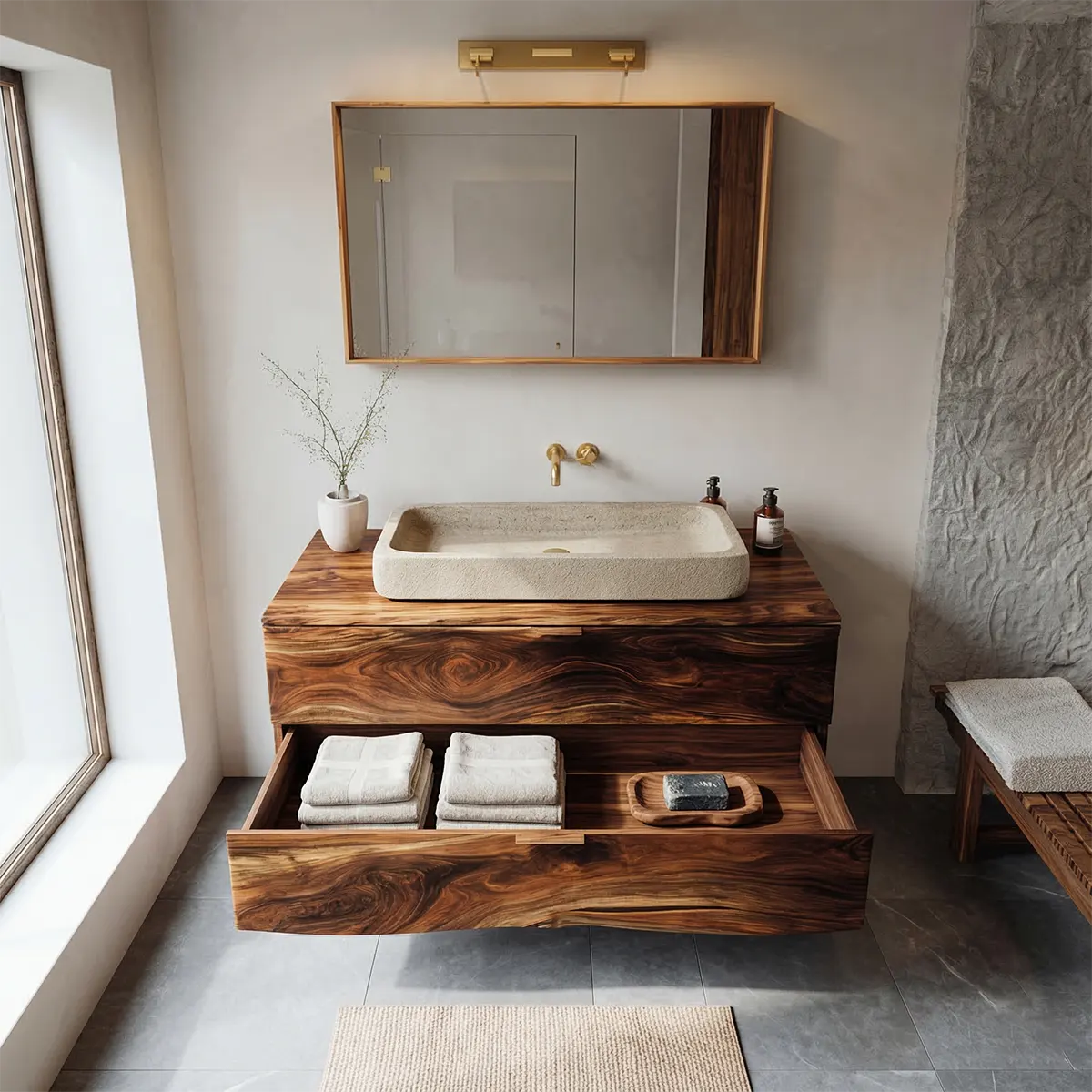 Floating Traditional Bathroom Vanity Cabinet in Natural Solid Wood - Rustiracraft 