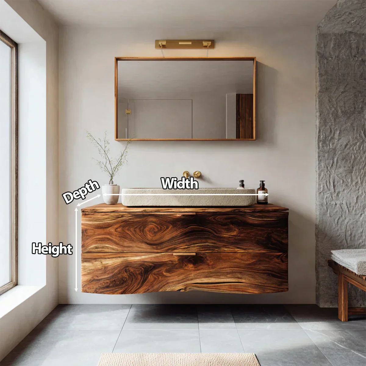 Floating Traditional Bathroom Vanity Cabinet in Natural Solid Wood - Rustiracraft 