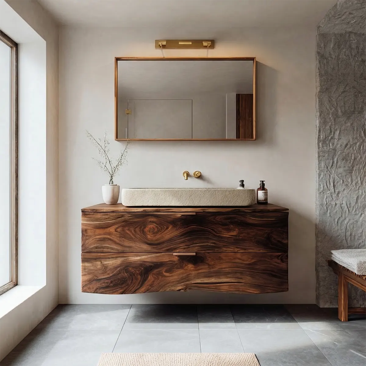 Floating Traditional Bathroom Vanity Cabinet in Natural Solid Wood - Rustiracraft 