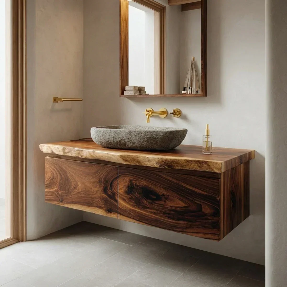 Floating Traditional Bathroom Vanity Cabinet in Natural Solid Wood - Rustiracraft 