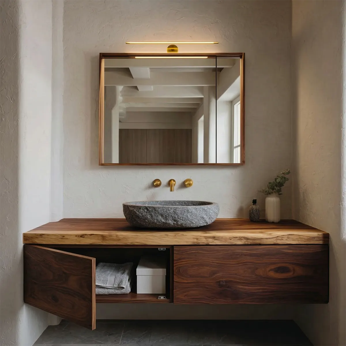 Floating Traditional Bathroom Vanity Cabinet in Natural Solid Wood - Rustiracraft 