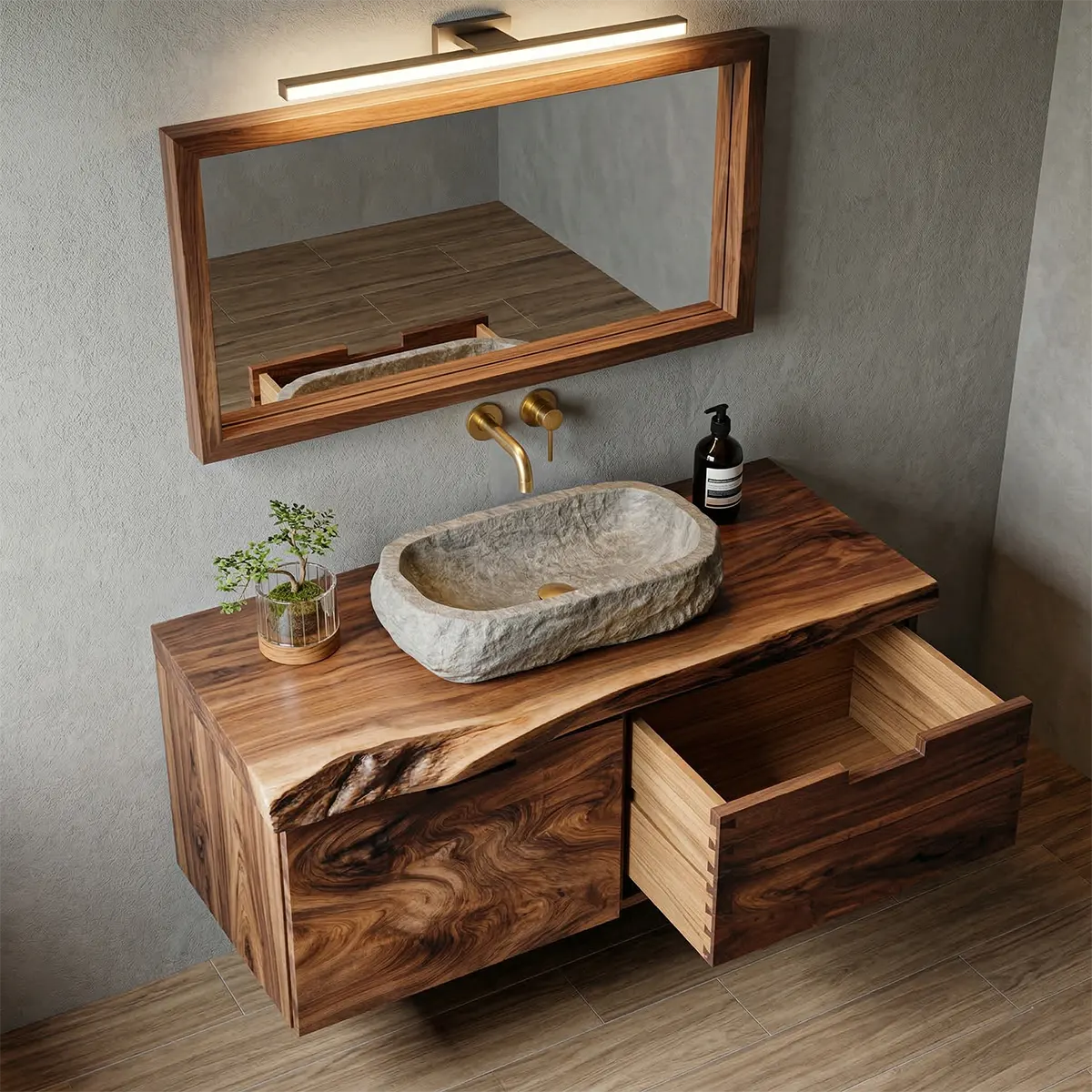 Floating Traditional Bathroom Vanity Cabinet in Natural Solid Wood - Rustiracraft 