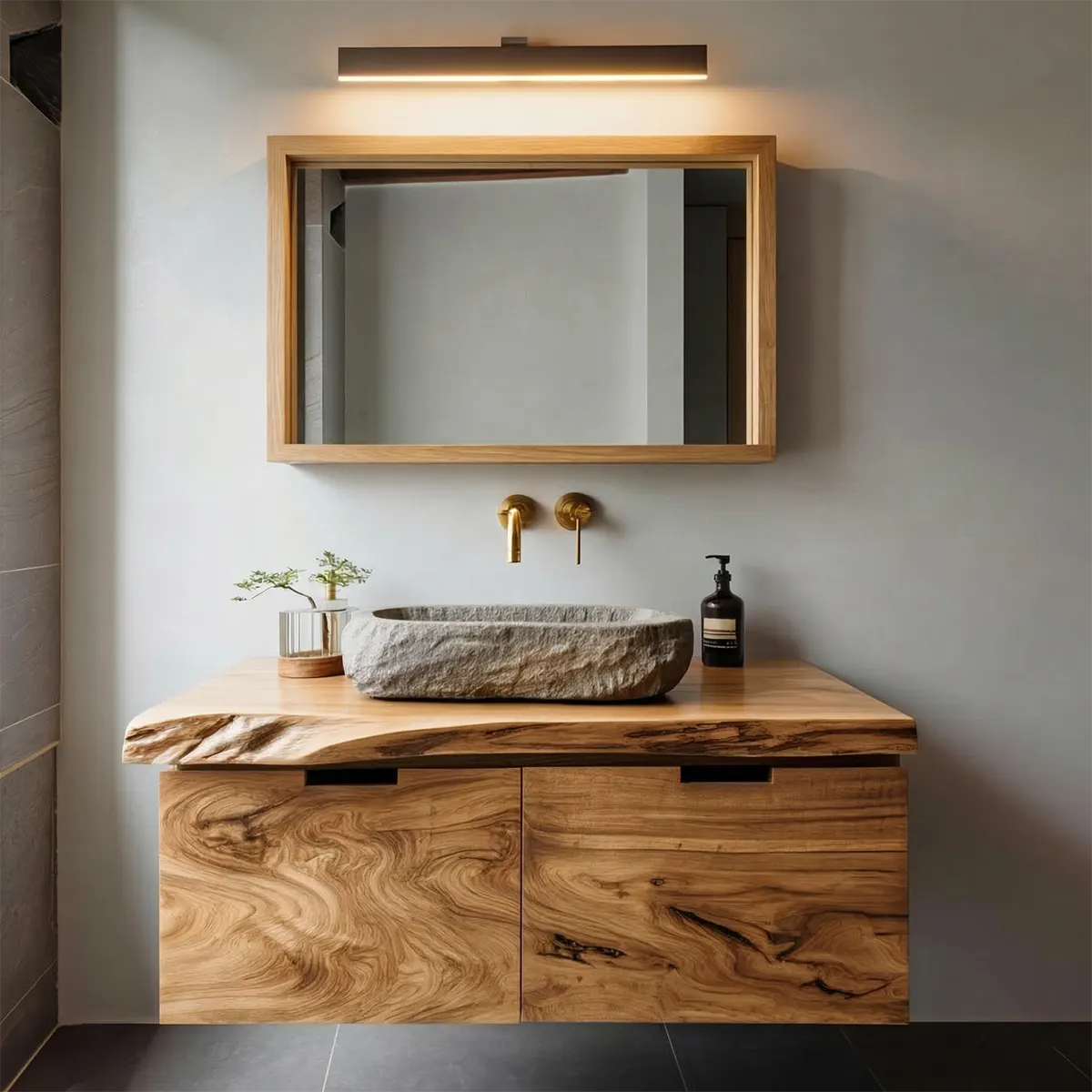 Floating Traditional Bathroom Vanity Cabinet in Natural Solid Wood - Rustiracraft 