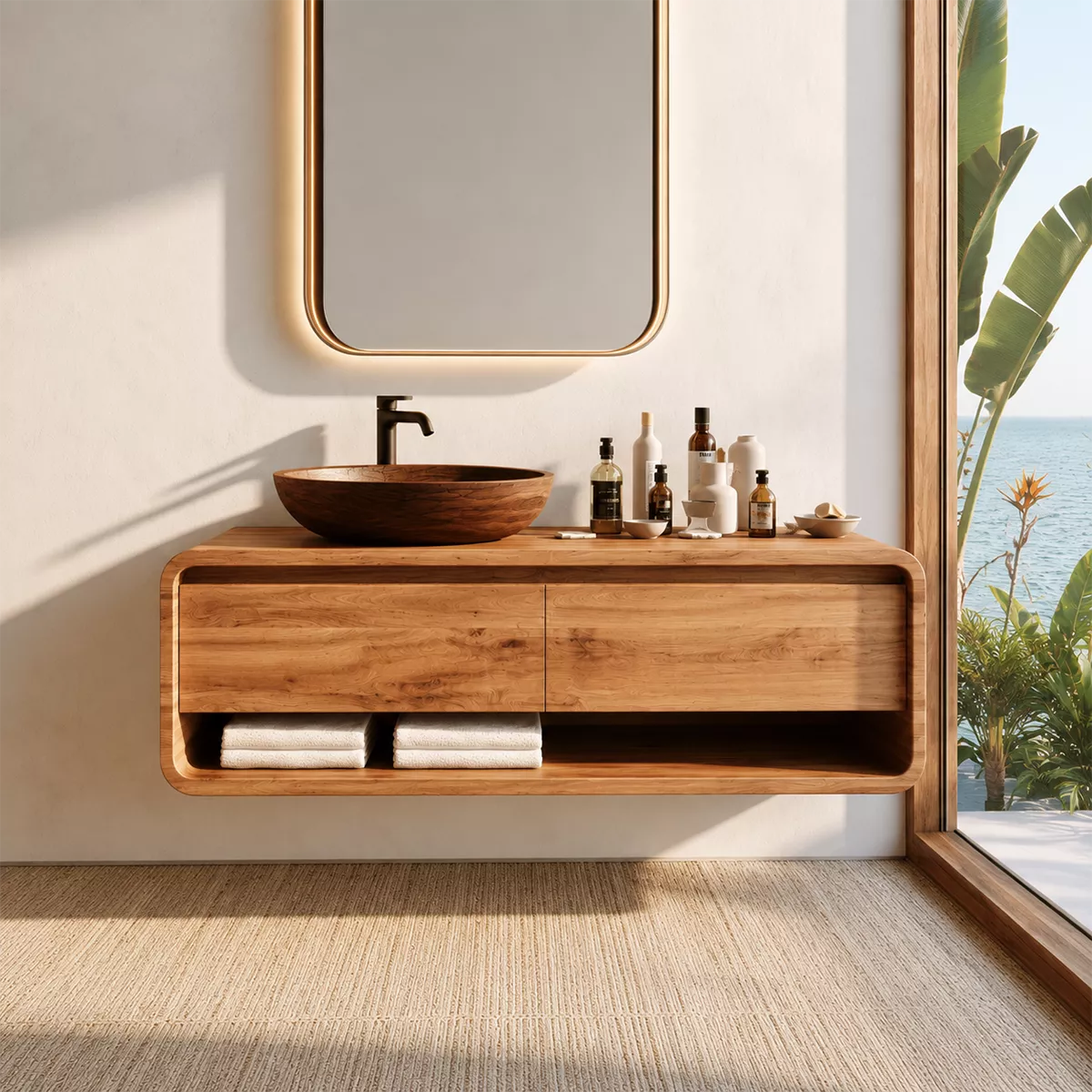 Floating Vanity with Two Curved Drawers and Open Shelf for Primary Bathroom - Rustiracraft