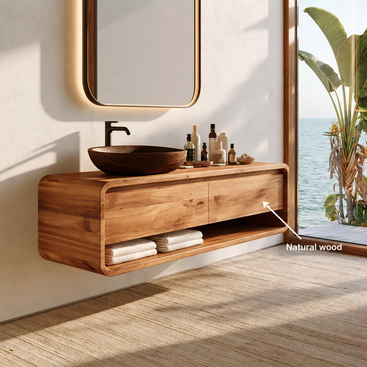 Floating Vanity with Two Curved Drawers and Open Shelf for Primary Bathroom - Rustiracraft