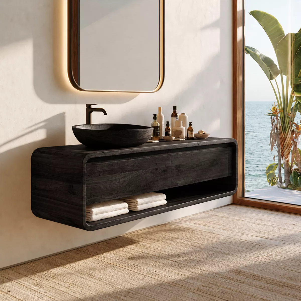Floating Vanity with Two Curved Drawers and Open Shelf for Primary Bathroom - Rustiracraft