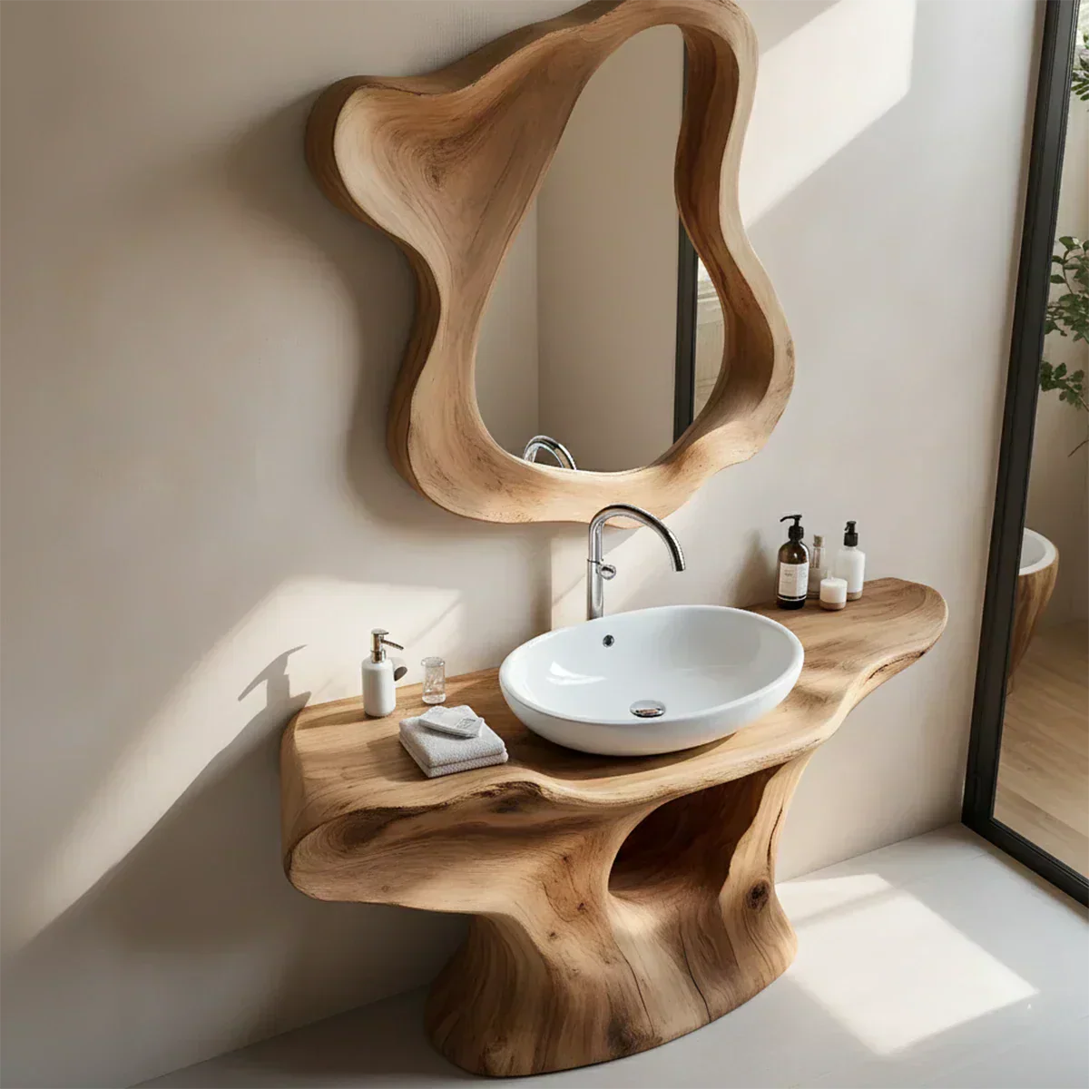 Flow Bathroom Vanity – Natural Solid Wood Sculptural Sink Console - Rustiracraft 