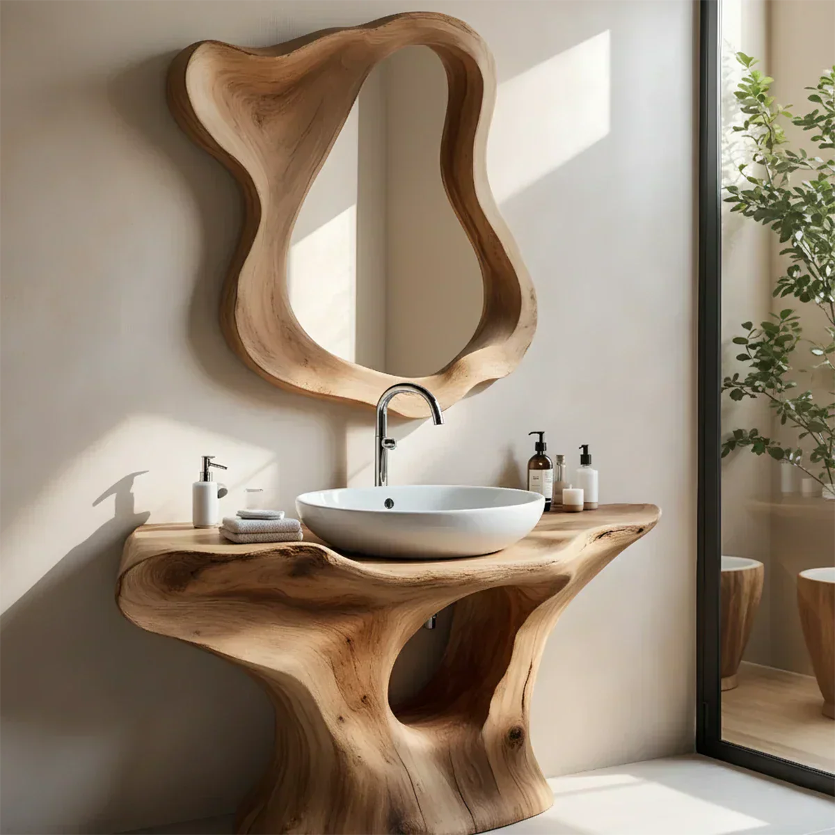 Flow Bathroom Vanity – Natural Solid Wood Sculptural Sink Console - Rustiracraft 