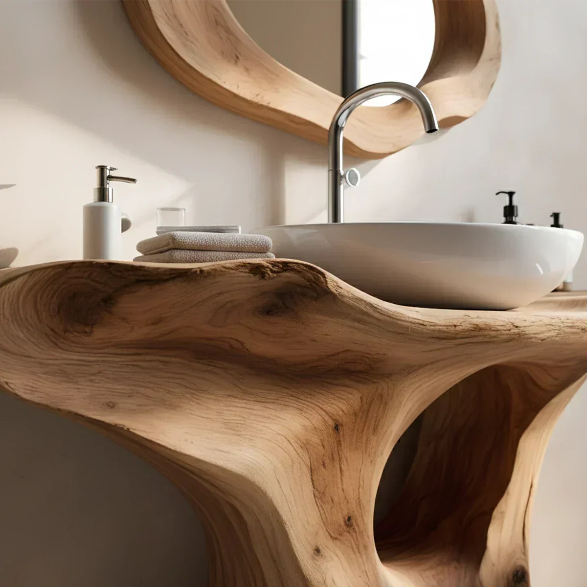 Flow Bathroom Vanity – Natural Solid Wood Sculptural Sink Console - Rustiracraft 