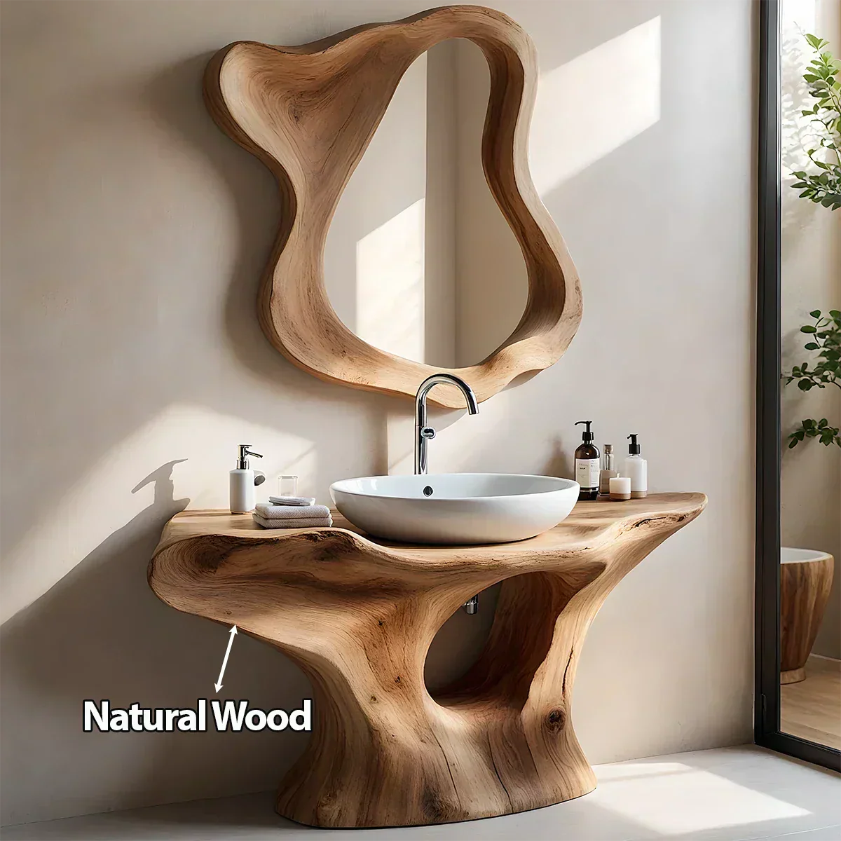 Flow Bathroom Vanity – Natural Solid Wood Sculptural Sink Console - Rustiracraft 