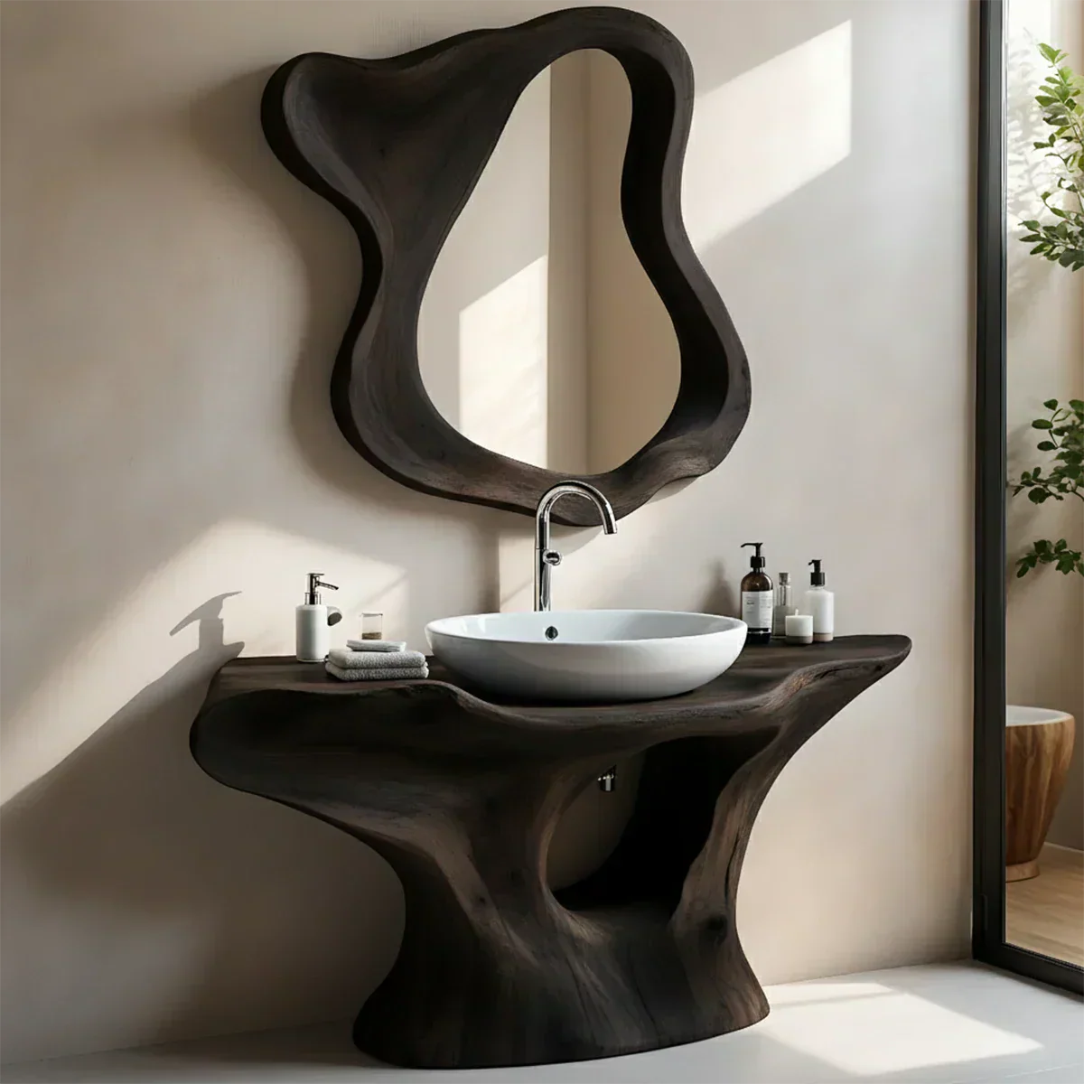 Flow Bathroom Vanity – Natural Solid Wood Sculptural Sink Console - Rustiracraft 