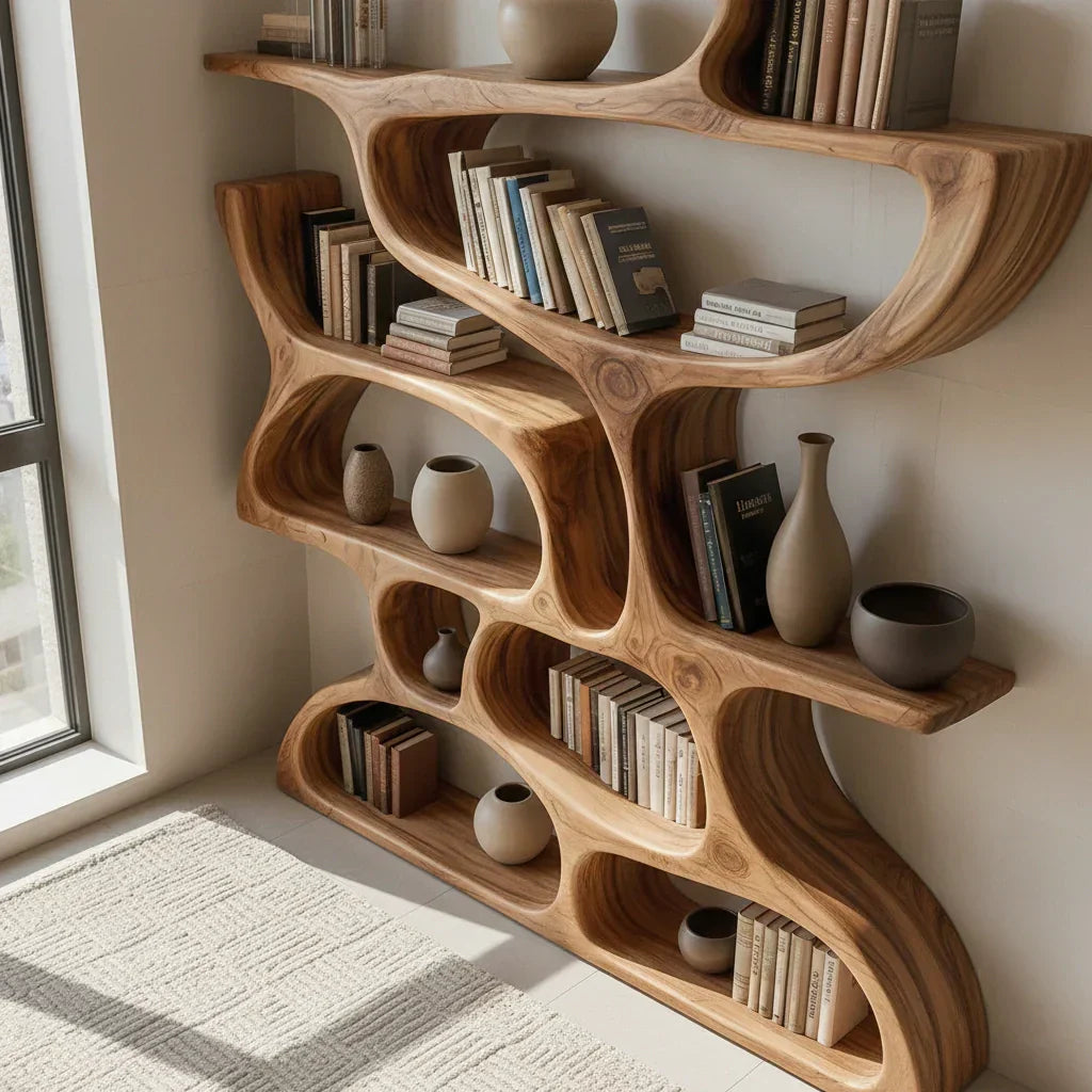 Flow Solid Wood Bookshelf – Sculpted Form Edition - Rustiracraft