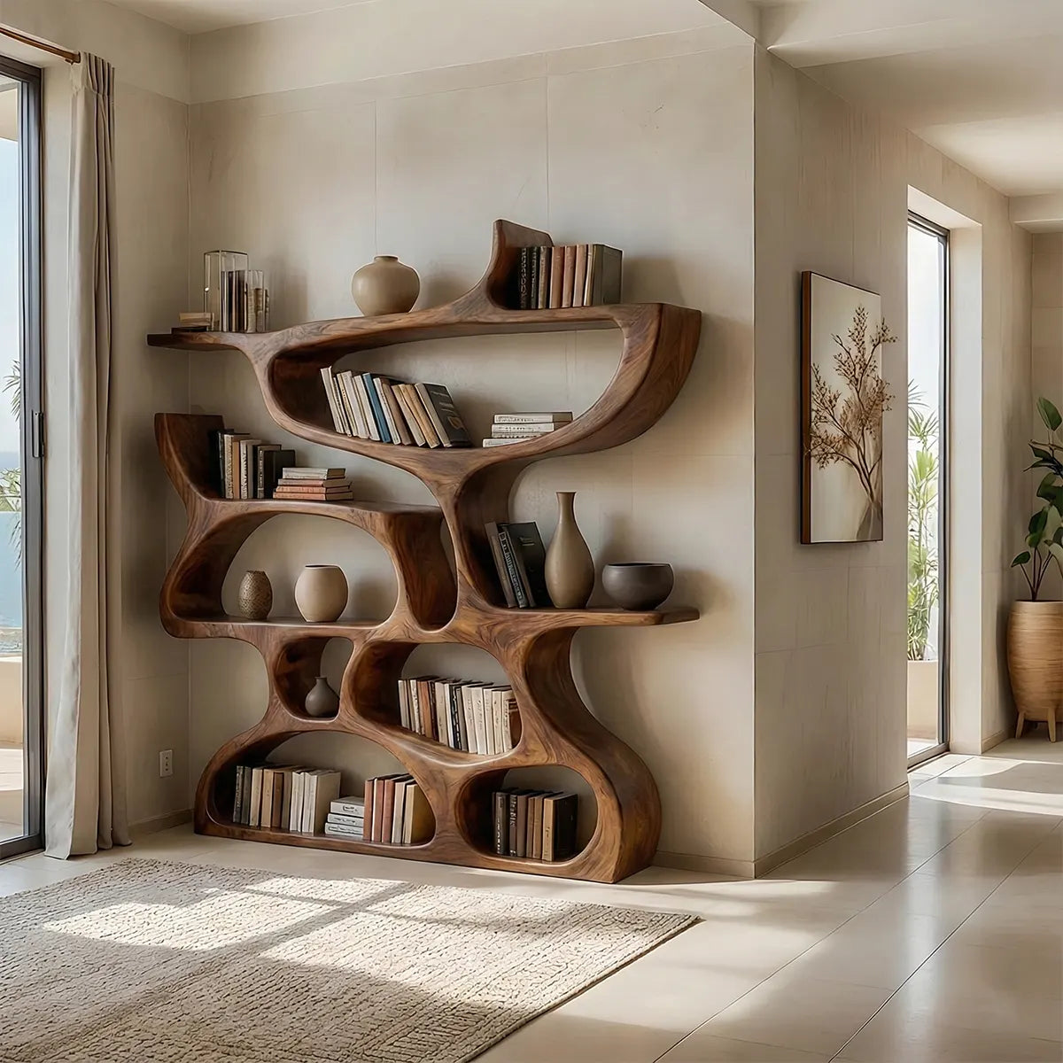 Flow Solid Wood Bookshelf – Sculpted Form Edition - Rustiracraft