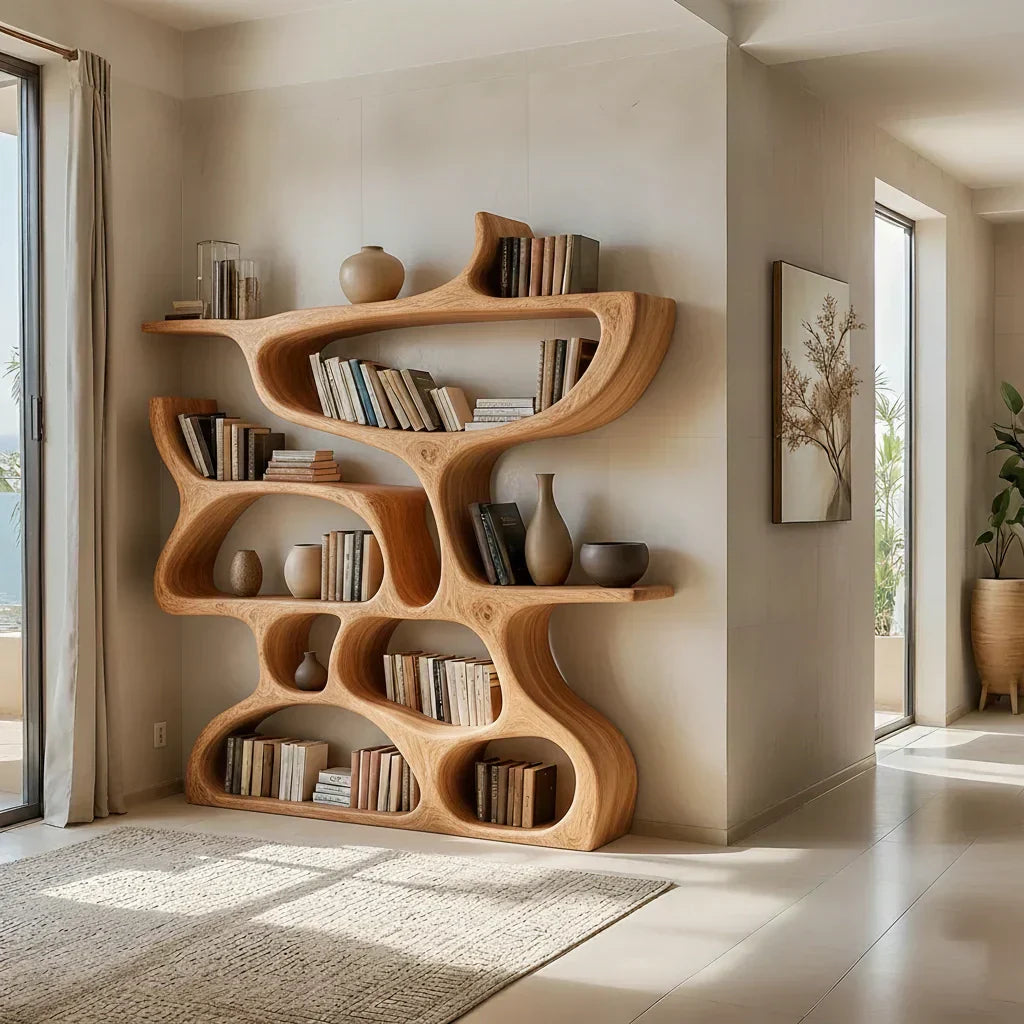 Flow Solid Wood Bookshelf – Sculpted Form Edition - Rustiracraft