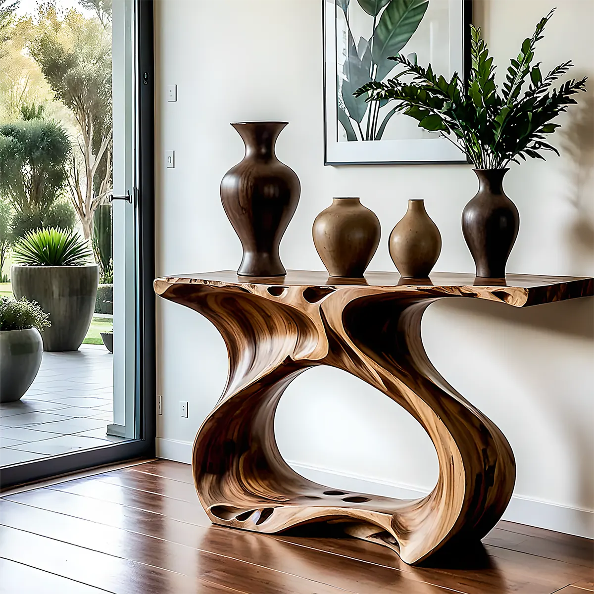 Flowing Walnut Console Table – Artistic Double Form Design - Rustiracraft 