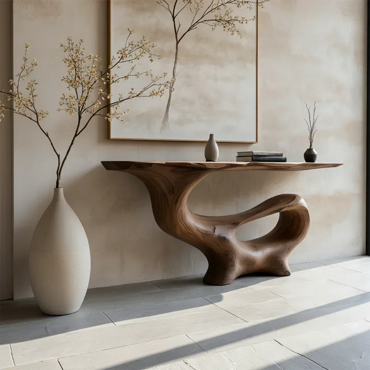 Fluid Sculpted Solid Wood Console Table — Organic Luxury Entryway Art Piece - Rustiracraft 