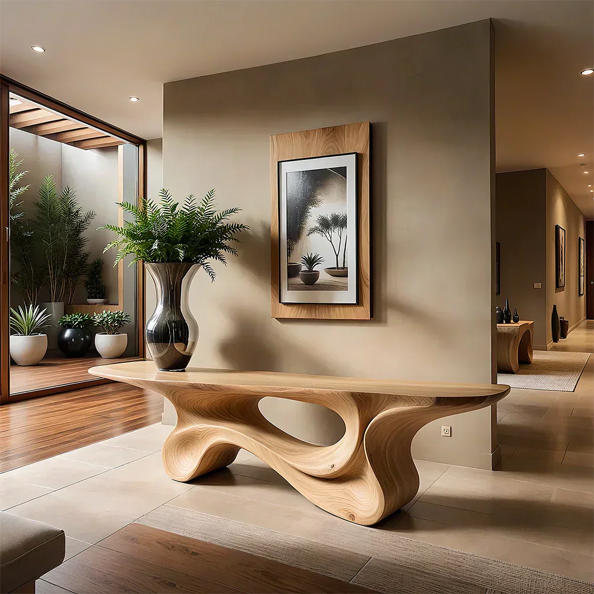 Fluid Twist Walnut Finish Console Table – Modern Sculptural Wood - Rustiracraft