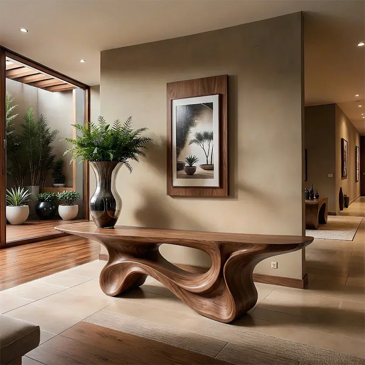 Fluid Twist Walnut Finish Console Table – Modern Sculptural Wood - Rustiracraft