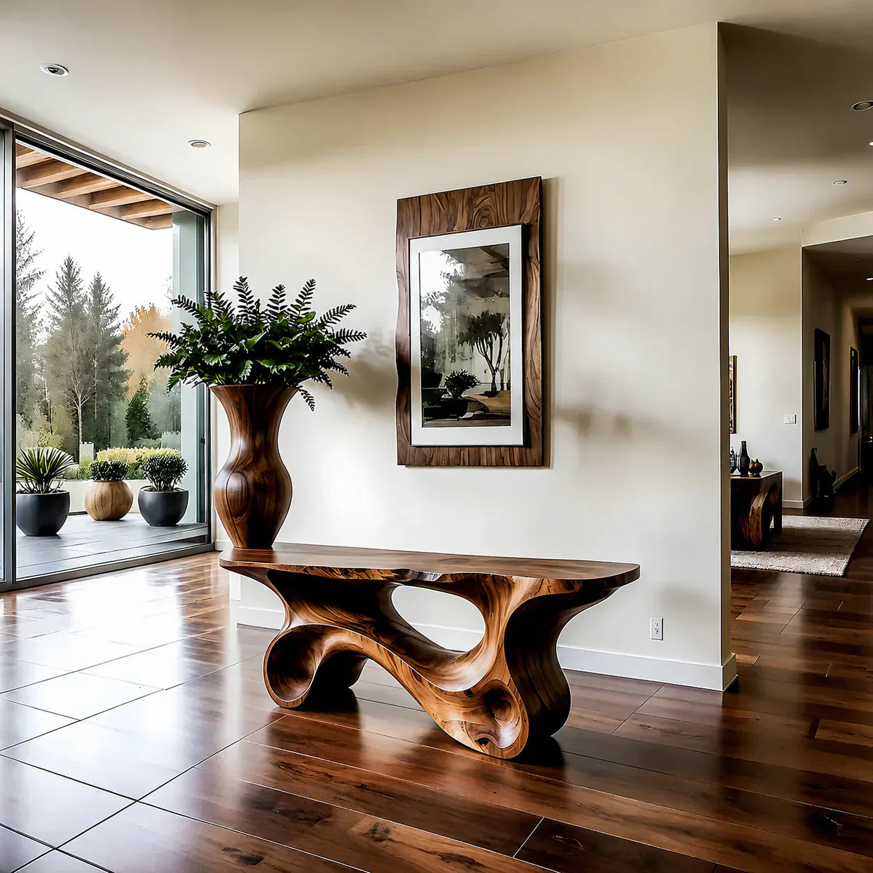 Fluid Twist Walnut Finish Console Table – Modern Sculptural Wood - Rustiracraft