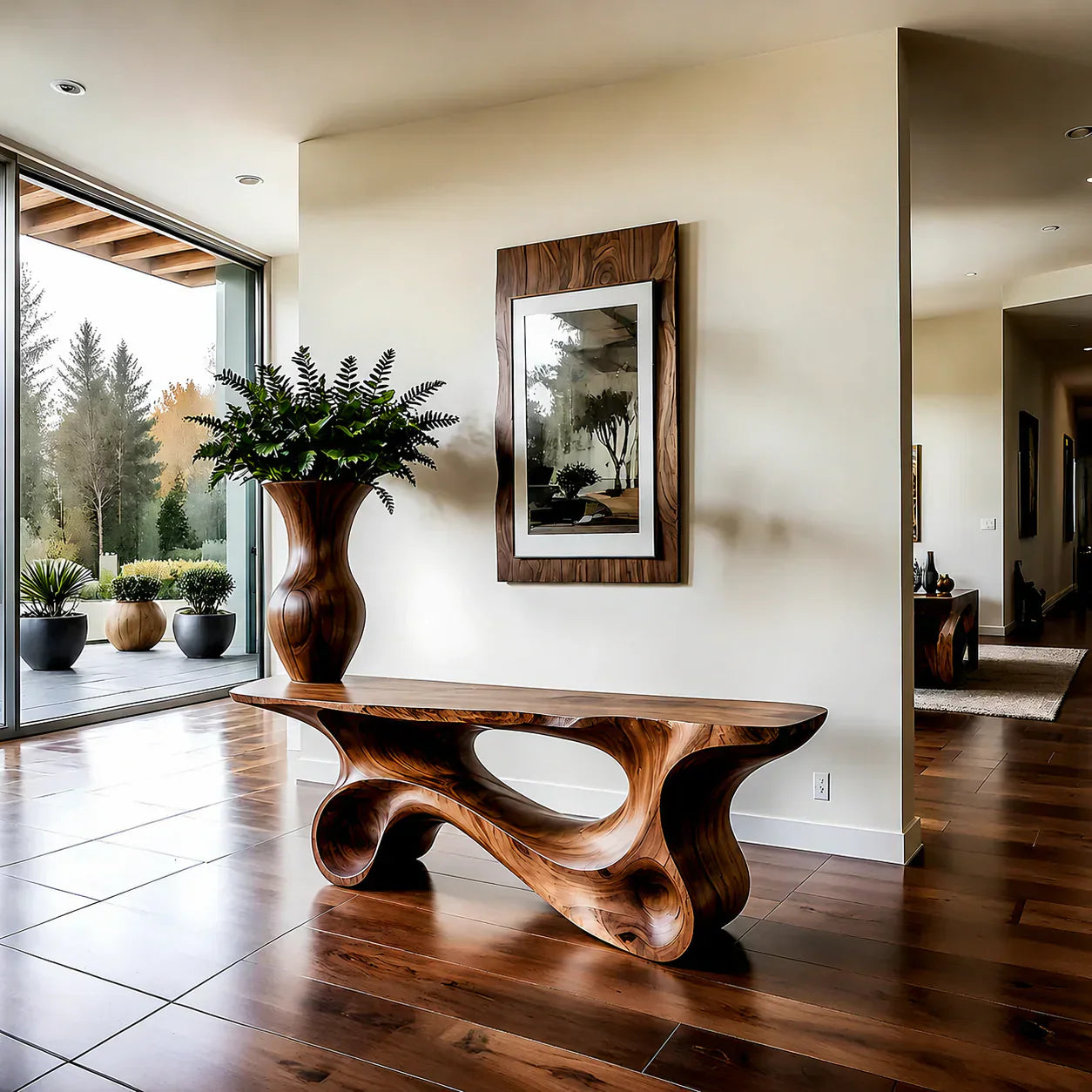 Fluid Twist Walnut Finish Console Table – Modern Sculptural Wood - Rustiracraft