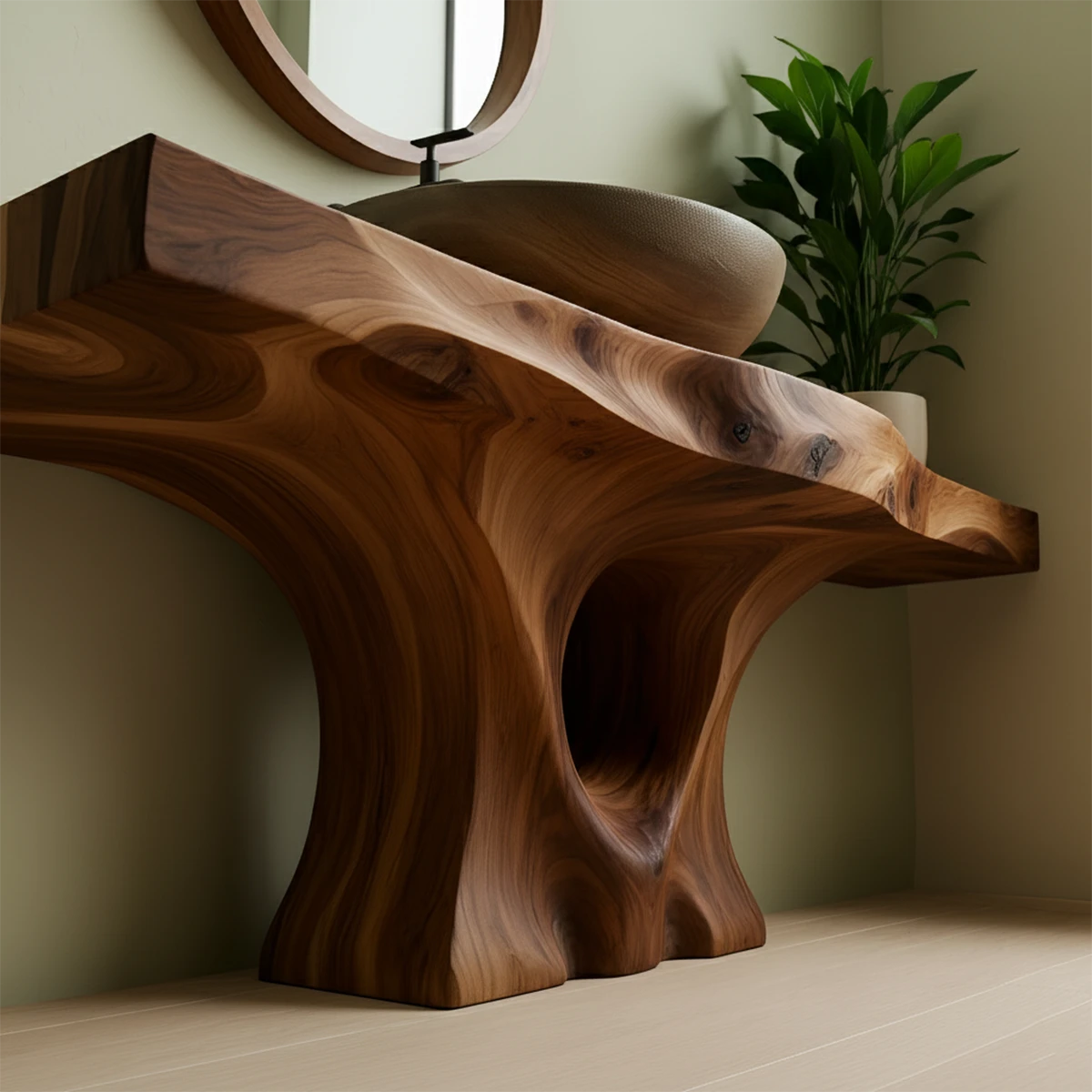 Floating Live Edge Solid Wood Vanity – Handcarved Japandi Console
