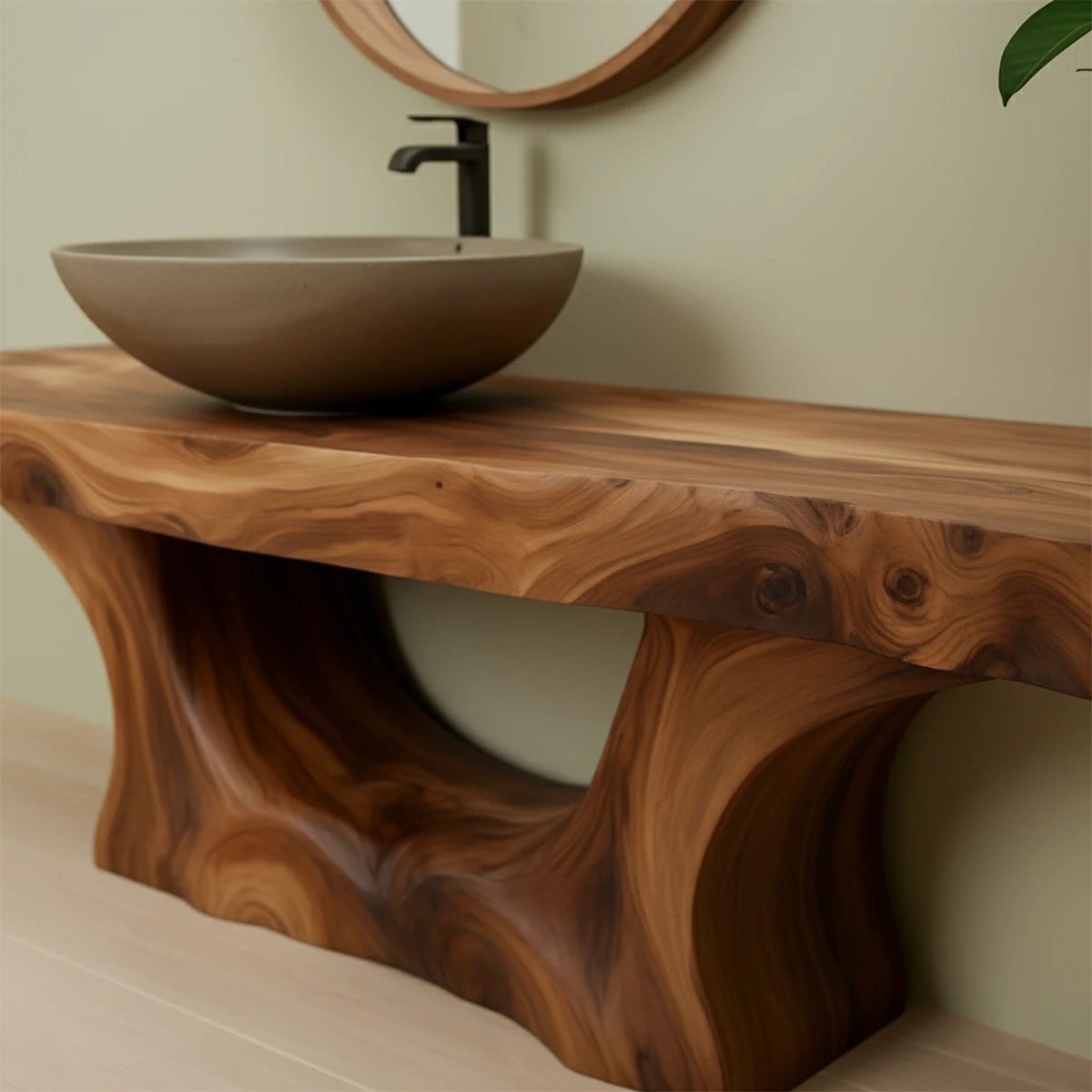 Sculptural Live Edge Solid Wood Vanity – Organic Japandi Bathroom Console