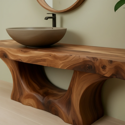 Sculptural Live Edge Solid Wood Vanity – Organic Japandi Bathroom Console