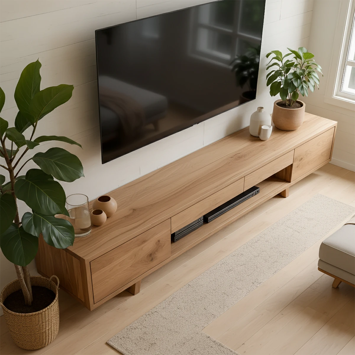 Floating Solid Wood TV Stand – Japandi Minimalist Console