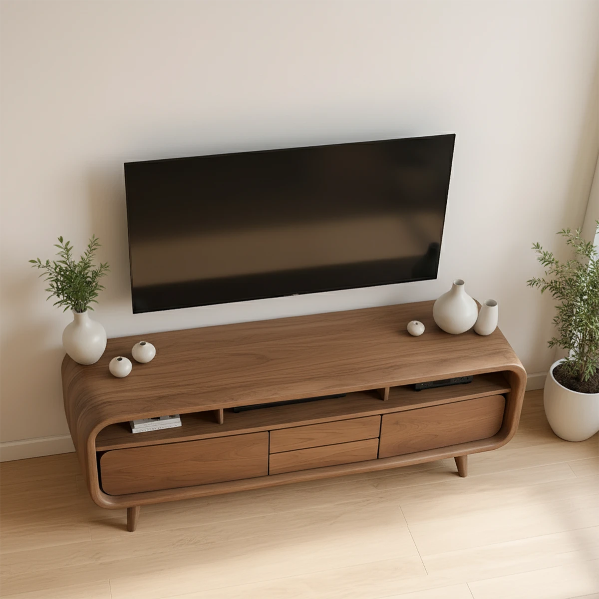 Rounded Leg Solid Wood TV Stand – Japandi Modern Console