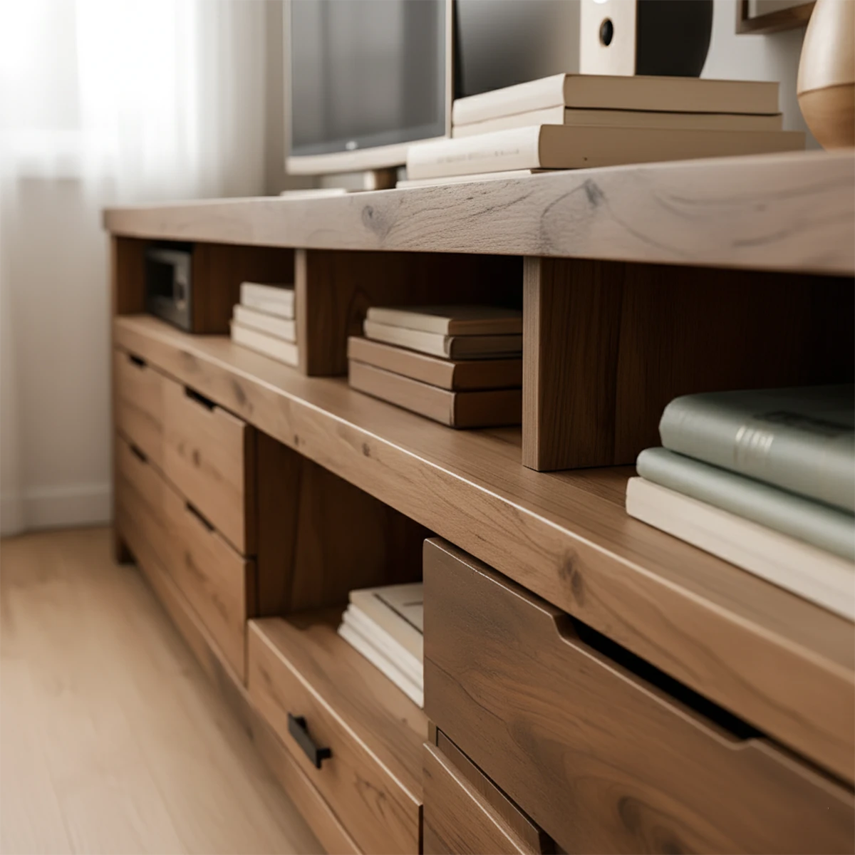 Rustic Solid Wood TV Stand – Japandi Farmhouse Console