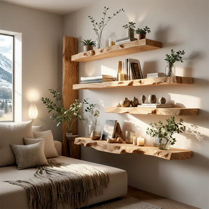Handcrafted Solid Wood Floating Shelf with Live Edge Character