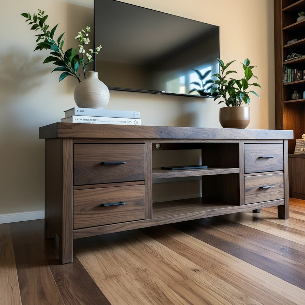 Walnut Solid Wood TV Stand – Modern Japandi Console