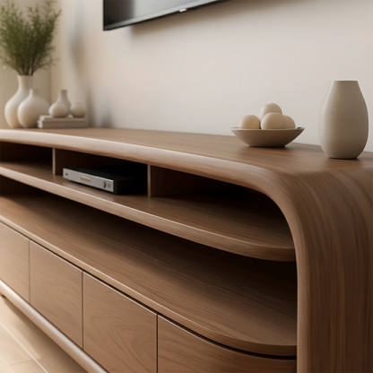 Rounded Edge Solid Wood TV Stand – Japandi Organic Modern