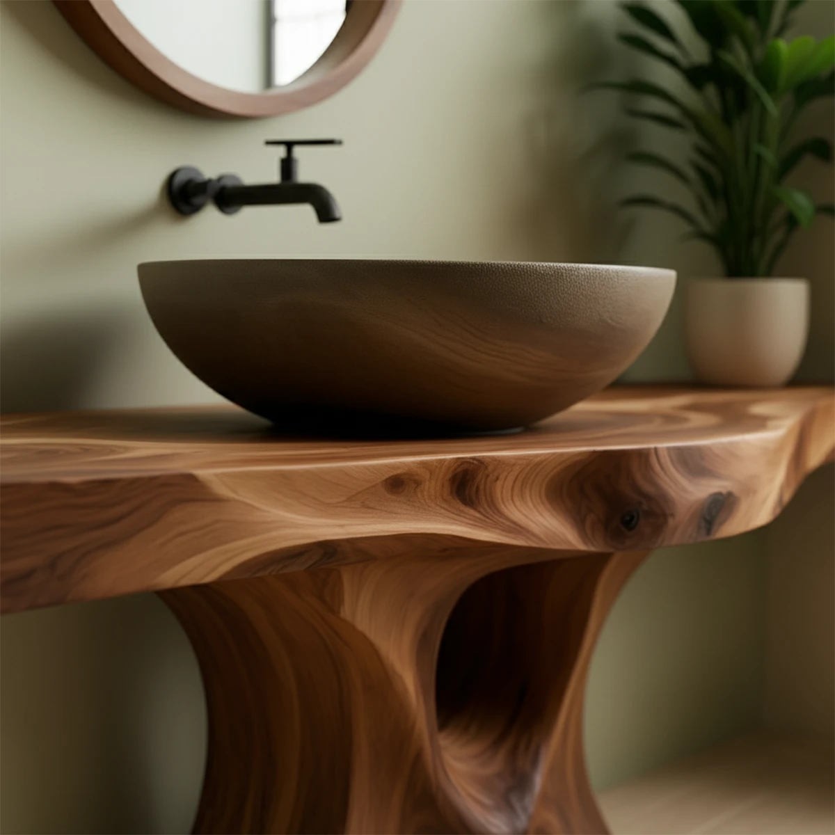 Floating Live Edge Solid Wood Vanity – Handcarved Japandi Console