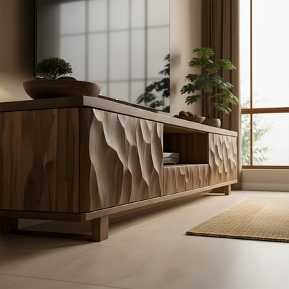 Carved Solid Wood TV Stand – Japandi Organic Sculptural Console