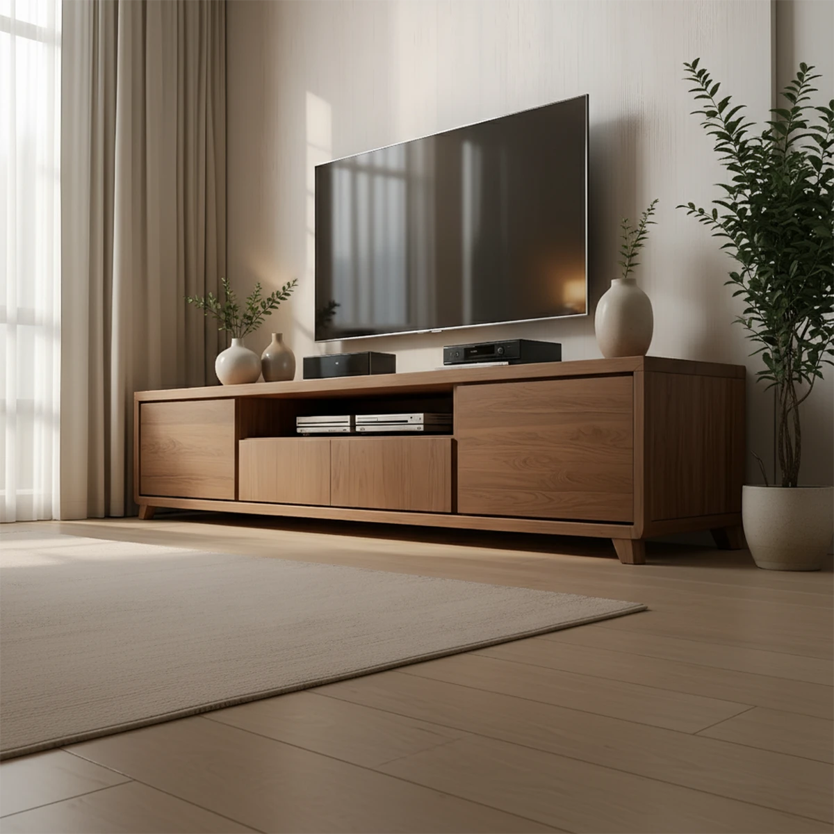 Solid Oak Wood TV Stand – Japandi Modern Minimalist Console