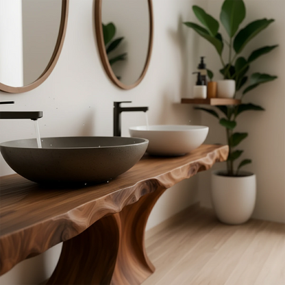 Double Basin Live Edge Solid Wood Vanity – Handcrafted Japandi Elegance