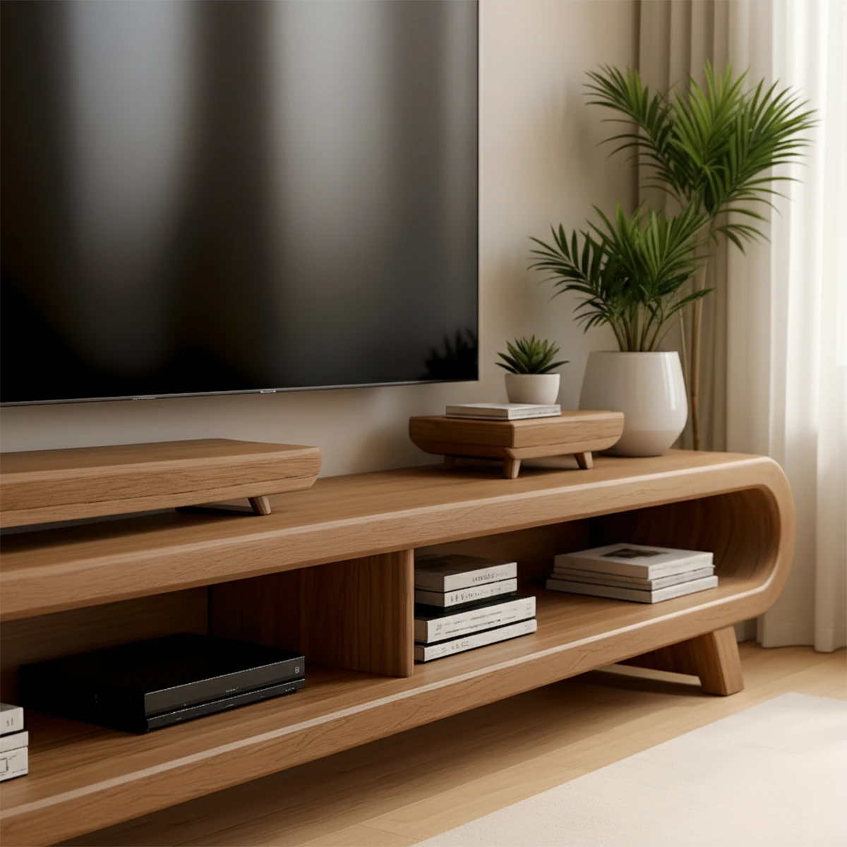 Rounded Leg Solid Wood TV Stand – Japandi Modern Console