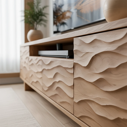 Wave Pattern Solid Wood TV Stand – Handcrafted Organic Modern Console