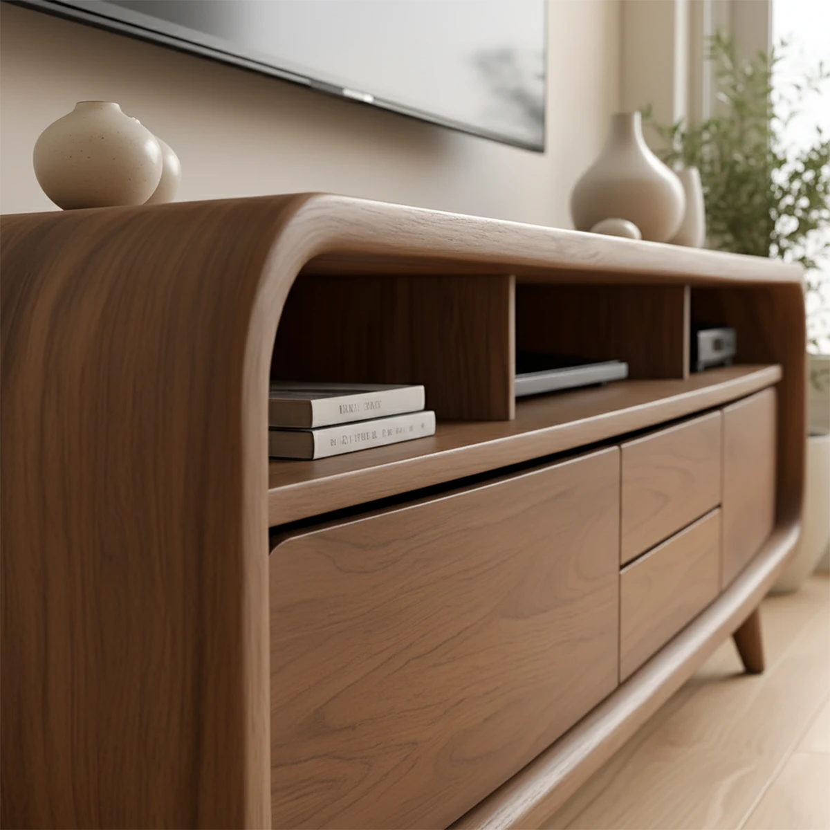 Rounded Leg Solid Wood TV Stand – Japandi Modern Console