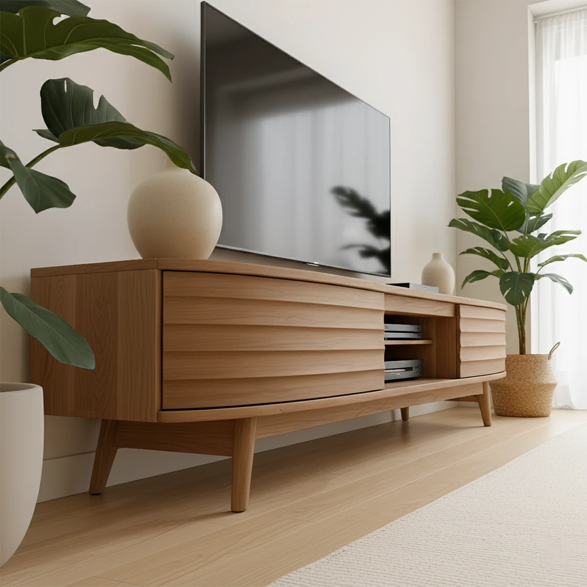 Fluted Solid Wood TV Stand – Scandinavian Japandi Console