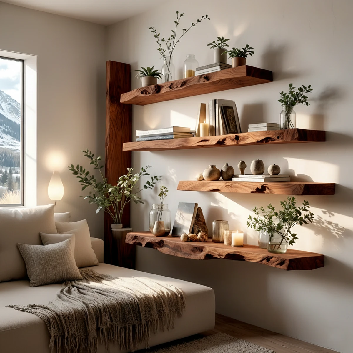 Handcrafted Solid Wood Floating Shelf with Live Edge Character