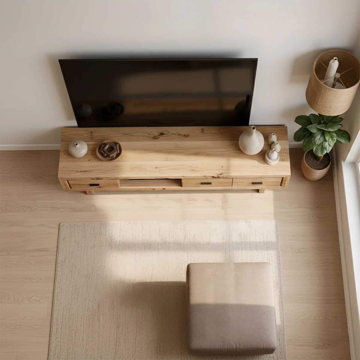 Rustic Beam Solid Wood TV Stand – Handcrafted Japandi Console